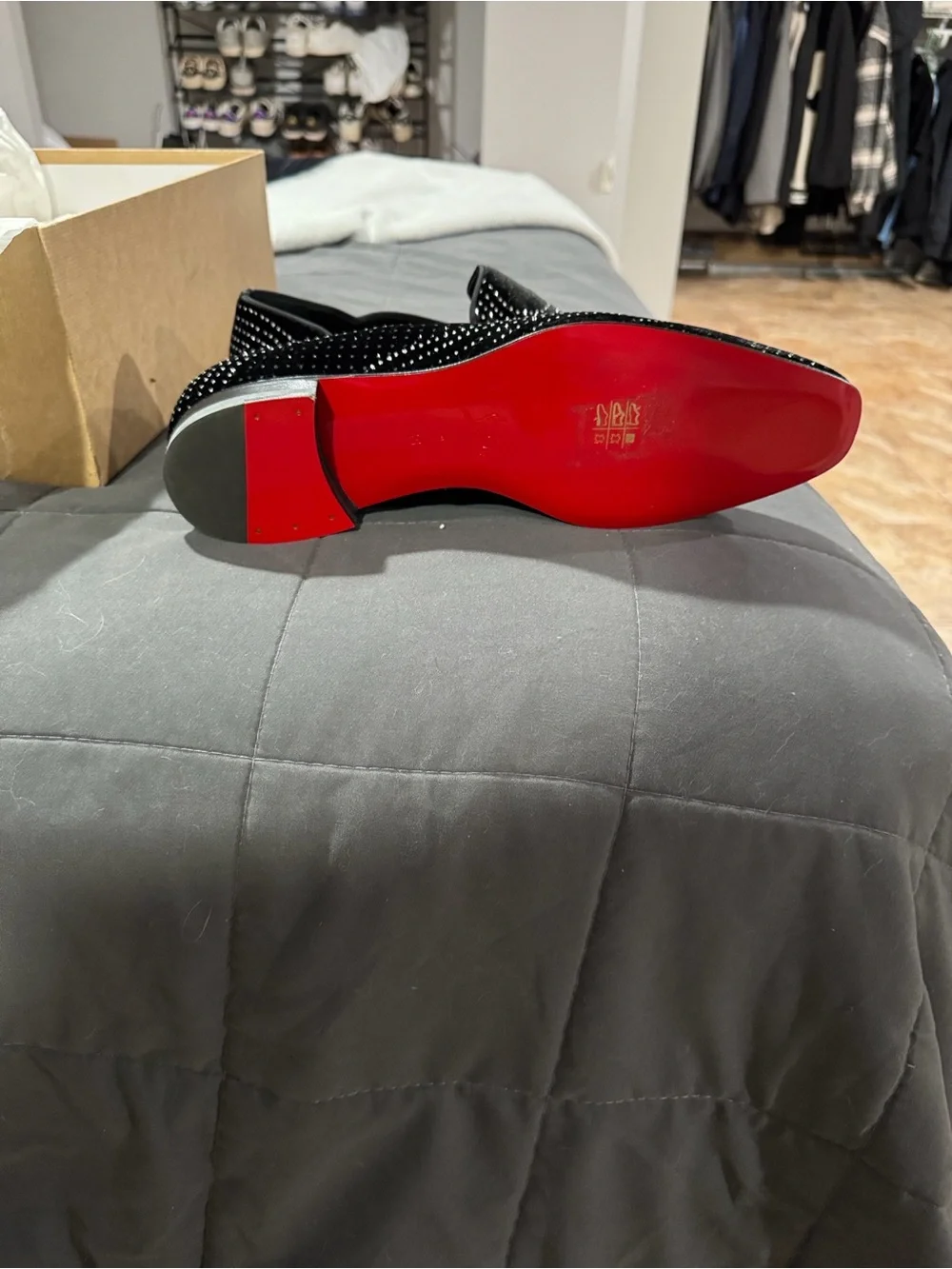 Christian Louboutin Black Suede Crystal-Stud Slip-On Loafers with Red Sole